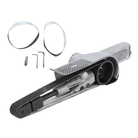 Compact Mini Air Belt Sander With Variable Speed Pneumatic Angled Grip Includes Two Sanding Belts, aluminum tool with belts.