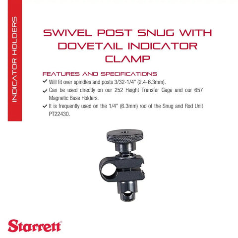 Precision Swivel Post Snug With Dovetail Clamp For Test Indicators, Rotatable Bezel, 1-3 16 Inch Contact, 1-3 8 Inch Large Dial Faces