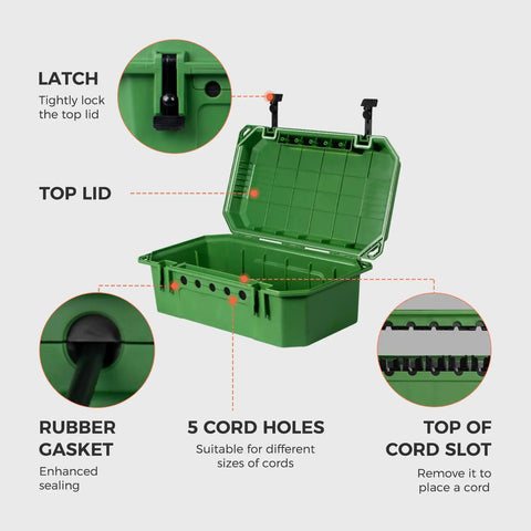 Badass Heavy Duty Outdoor Electrical Box With IP54 Weatherproof Rating And A Hella Tough Rubber Gasket Seal To Keep Wire Connections Safe And Dry In Rain Snow Or Dust Green showcasing top lid, latch, and 5 cord holes.