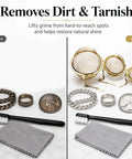 Before and after of jewelry cleaning kit showing stainless steel ultrasonic baskets, detailing brush, and polished items.