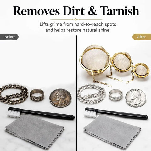 Before and after of jewelry cleaning kit showing stainless steel ultrasonic baskets, detailing brush, and polished items.
