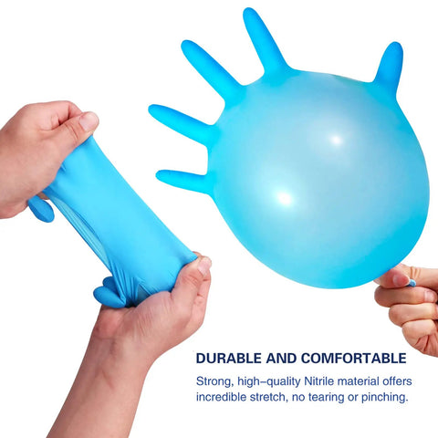 Heavy Duty Disposable Nitrile Gloves Large Size 4 Mil Thick 200 Pack Powder And Latex Free Food Safe Industrial Work Gloves stretched and handled