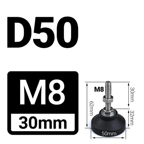 Universal adjustable leveling feet D50mm with M8 screw base, 30mm height, designed for sturdy stability in setups.
