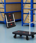 Foldable Platform Hand Truck Cart With 330 Pound Capacity shown folded and expanded in a warehouse setting.