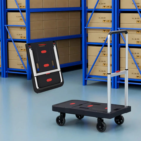 Foldable Platform Hand Truck Cart With 330 Pound Capacity shown folded and expanded in a warehouse setting.