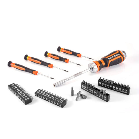 102 Piece Home Tool Set With Storage Case General Household Tools Kit Durable Wrench Socket Screwdriver Hammer Tape Measure Pliers And More For Quick Home Repairs Garage Ready Pro Grade Quality, showcasing various screwdrivers and screwdriver bits on a white background.