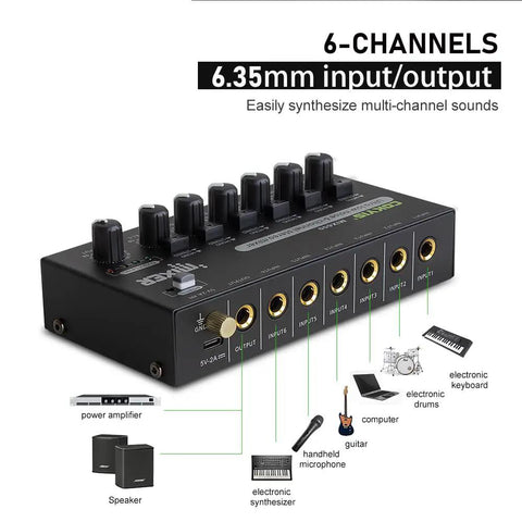 Six Channel Mini Audio Mixer For Live Gigs And Home Studios With Ultra Low Noise And Independent Microphone Control One Quarter Inch TRS Input And Output Great For Guitars Bass Sub Mixing And Stage Use with multiple inputs and outputs shown