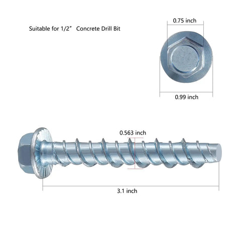 Half Inch By Three Inch Zinc Plated Concrete Screw For Masonry Anchoring To Brick Or Block Heavy Duty Pack Of Ten With Socket Tool Included