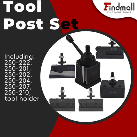 Six Piece BXA Wedge Type Quick Change Tool Post Set for Lathe with various tool holders visible