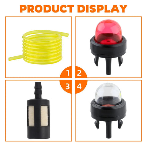 Four Foot Small Engine Fuel Line Kit with Mixed Size Tubes, Snap In Primer Bulbs, Fuel Filters, Carburetor Tools Display