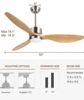 52 Inch Dope Smart Ceiling Fan With Lights Remote Control Three Way Control Solid Wood Blades Quiet Silicon Steel DC Motor Energy Efficient For Living Room And Bedroom Ideal For Any Home with size and installation options shown