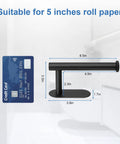 Adhesive Toilet Paper Holder No Drilling Stainless Steel Stick On Wall Mount For Bathroom And RV Matte Black Finish shown with dimensions and credit card for scale