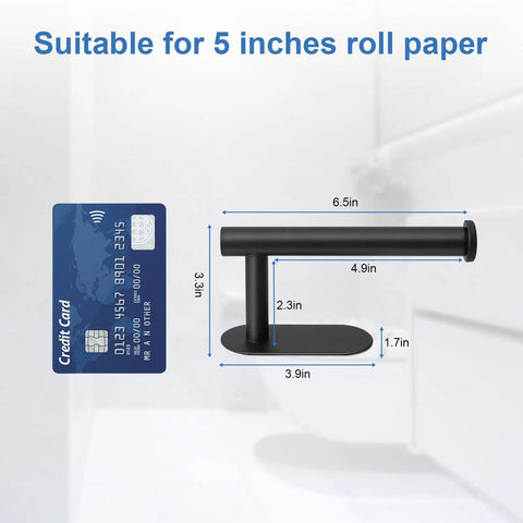 Adhesive Toilet Paper Holder No Drilling Stainless Steel Stick On Wall Mount For Bathroom And RV Matte Black Finish shown with dimensions and credit card for scale