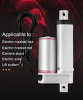 30mm Stroke Heavy Duty 750N Straight Line Electric Actuator 24V DC Drive on red background, suitable for medical beds and lifts