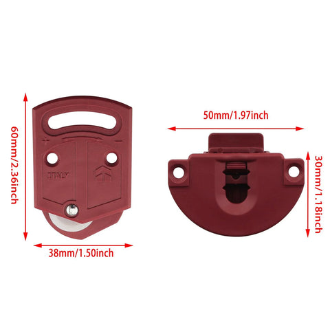 16 Pieces Plastic Red Cabinet Sliding Door Pulley With Screws, front view showing dimensions and design.