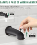 Oil Rubbed Bronze Shower Tub Kit With 8 Inch Rain Shower Head, Tub Spout, And Included Valve For Quick Reno Ready Bathroom Upgrade, High Flow Durable Modern Rainfall System, close-up of bathtub faucet with diverter