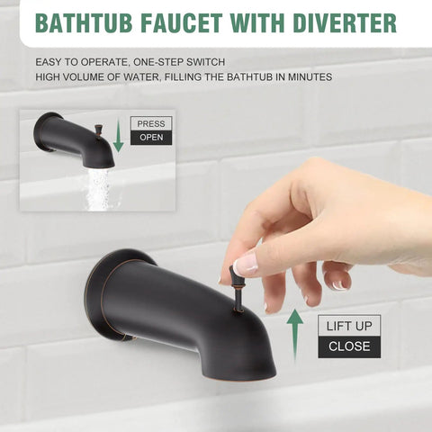 Oil Rubbed Bronze Shower Tub Kit With 8 Inch Rain Shower Head, Tub Spout, And Included Valve For Quick Reno Ready Bathroom Upgrade, High Flow Durable Modern Rainfall System, close-up of bathtub faucet with diverter