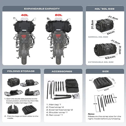 Expandable Motorcycle Tail Bag 60L Waterproof All Weather Travel Luggage For Trunk Rack With Sissy Bar Straps Rain Cover