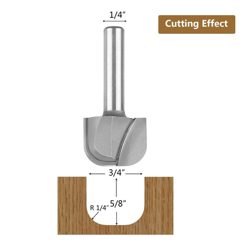 Diagram of Oval Bowl And Tray Router Bit with Three Quarters Inch Cutting Diameter, showing dimensions and cutting effect on wood.