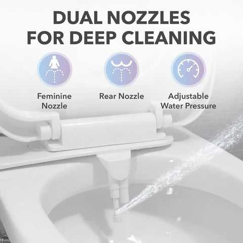Non Electric Bidet Attachment For Toilet With Adjustable Water Pressure Front And Rear Cleaning Four Pressure Settings Easy Install ABS Plastic Toilet Washer Upgrade Your Bathroom Hygiene featuring dual nozzles for deep cleaning.