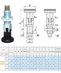 Built Tough Retractable Alignment Dowel Pin With Self Locking Knob And Spring Loaded Mechanics Made From Zinc Plated Carbon Steel with dimensions.
