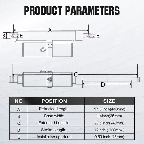 Heavy Duty 12V Hydraulic Linear Actuator Delivering Rock Solid Power Over A Smooth Twelve Inch Range With Zero Sweat Load Capacity Of Seventeen Hundred Pounds with product parameters chart.