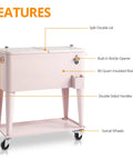 80 Quart Rolling Cooler Cart Portable Bar Drink Cooler On Wheels With Ice Chest Shelf Bottle Opener And Cap Catch For Patio Parties BBQ Beach Activities Pink Keeps Ice For Up To 48 Hours And Keeps Warm Food Above 40 C For 4 To 5 Hours with split lid and swivel wheels.