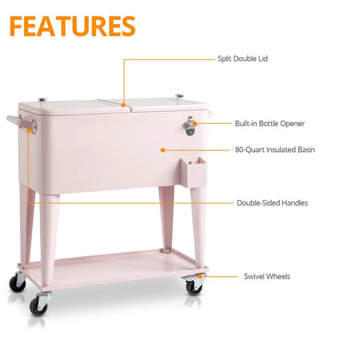 80 Quart Rolling Cooler Cart Portable Bar Drink Cooler On Wheels With Ice Chest Shelf Bottle Opener And Cap Catch For Patio Parties BBQ Beach Activities Pink Keeps Ice For Up To 48 Hours And Keeps Warm Food Above 40 C For 4 To 5 Hours with split lid and swivel wheels.