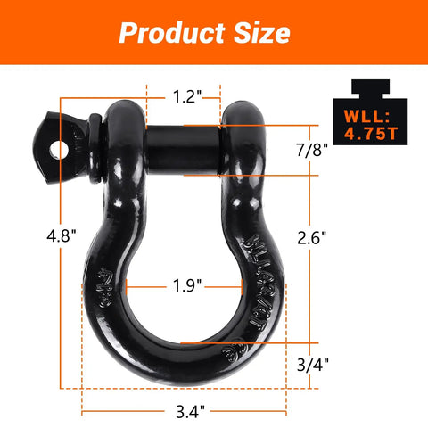 Damn Tough D Ring Shackles 3 4 Inch Beefy Forged Steel Towing Hardware with dimensions and WLL of 4.75 tons.