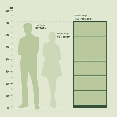 5 Tier Closet Organizer With Adjustable Shelves In Rich Espresso, Tall Bedroom Storage Rack showing height comparison graphic.