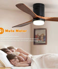 Dope 52 Inch Wood Ceiling Fan With Light And Remote Control installed in bedroom, showing wooden blades and LED light.
