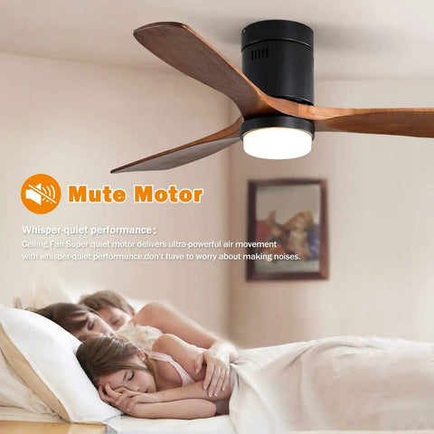 Dope 52 Inch Wood Ceiling Fan With Light And Remote Control installed in bedroom, showing wooden blades and LED light.