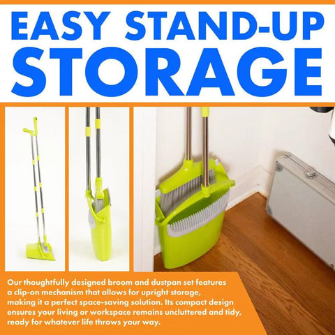 Kickass Heavy Duty Broom And Dustpan Combo Set With Long Commercial Handle For Lobby Kitchen Floor Sweep Up Solid Upright Grip Brush For Quick Interior Clean Up In Green stored upright in a corner.
