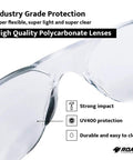 Close-up of Smoke Safety Glasses With Polycarbonate Lenses, 12 Pairs Per Box, showcasing impact resistance and UV protection features.