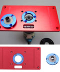 Premium Universal Aluminum Router Table Insert Plate With Heavy Gauge Ring For Kick Butt Performance And No Fuss Setup Works Flawlessly With Standard Drill Chucks 235X120X8Mm top and bottom view with blue accents.