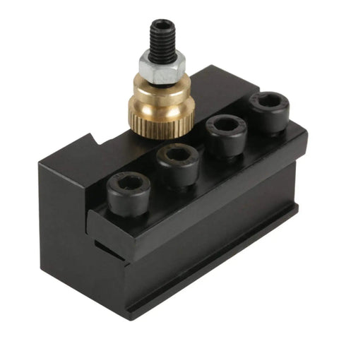 Badass Slick Quick Change Mini Lathe Tool Post Holder with brass fitting, four insert slots, compact design for quick cutter changes.