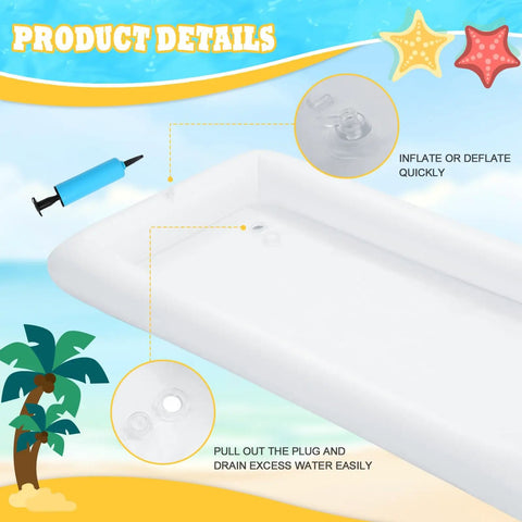 Inflatable Ice Serving Bar Kit Four Pack Large 53 By 25 Inch Trays For Poolside Buffets with pump and drain plug detail