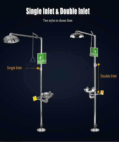 304 Stainless Steel Eye Washer Station With Emergency Eye Wash And Hand Push Shower, Single and Double Inlet Options