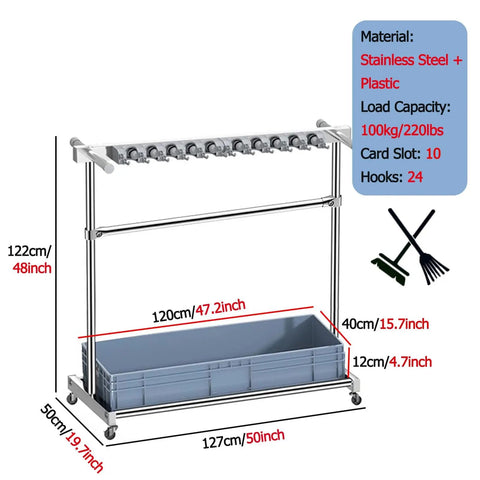 Heavy Duty Stainless Steel Cleaning Supplies Organizer Rack With No Slip Mop Holder Waterproof Wall Mount Storage System for various cleaning tools
