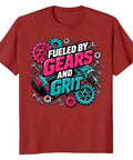 Cool Mechanical Engineer T Shirt With Neon Industrial Gear Art For Workshop Gurus And Garage Tinkerers Who Love Bold Tee Designs and Maker Energy, red cotton tee, bold print.