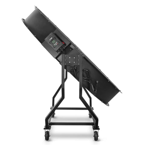 Heavy Duty Fifty Nine Inch Portable Industrial Floor Fan With Variable Speed Settings And Quick Tilt Rig side view showing adjustable tilt and motor controls.