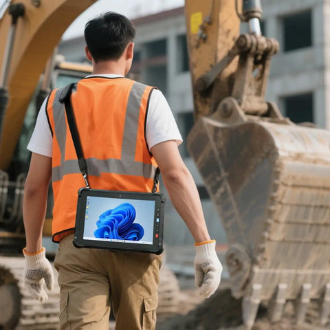 A worker in an orange vest carrying a Heavy Duty Windows 11 Rugged Tablet Featuring Knockout Intel Core I5 Speed and Plush 16GB RAM.