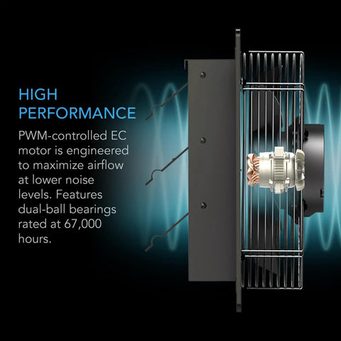 Side view of 14-Inch Shutter Exhaust Fan With WiFi Temperature And Humidity Controller, EC Motor, highlighting performance features.