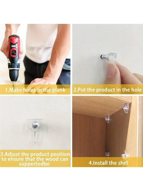 Installation steps for Beefy 180 to 270 piece metal shelf pegs for cabinets, showcasing use on kitchen and office shelves.