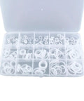 900 Piece Silicone Fender Washers Set M6 To M20 Assortment Kit With Nine Sizes Round Flat Shim Washers For Screws And Bolts Handy Storage Box Ideal For Auto Repairs And DIY Projects For Gearheads. Open storage box with assorted white silicone washers