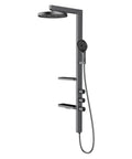 Eight Inch Wide Rainfall Shower System With Three Way Wall Mounted Mixer And Adjustable Handheld Sprayer providing heavy flow coverage in gun grey.