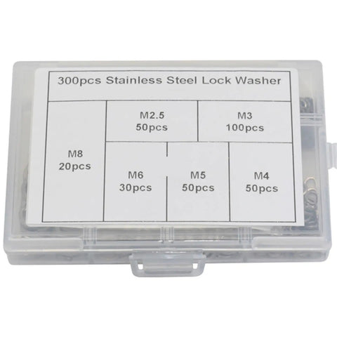 300 Pcs Stainless Steel Lock Washers Spring Split Lock Washer Assortment Kit For Screws And Bolts Vibration Resistant Hardware Set With Durable Bearing Surface To Prevent Loosening And Nut Stripping, clear case with labeled sizes