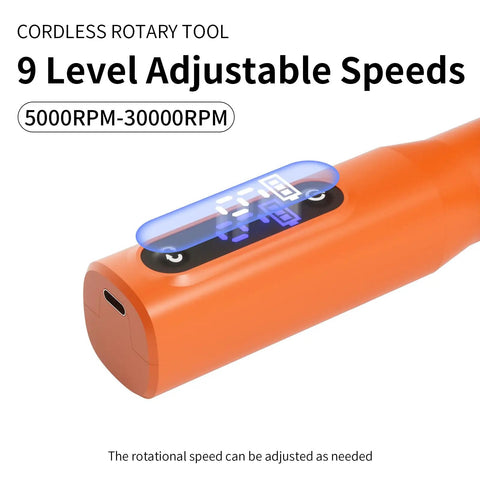 No-Drama Cordless Rotary Tool Kit With Nine Precise Speed Settings And Fast Usb Recharge Tough Engraving Pen showing adjustable speed dial and USB port.
