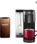 Smart No Fuss Coffee Maker With BrewID And MultiStream Technology for Custom K Cup Pod Brews next to smartphone.