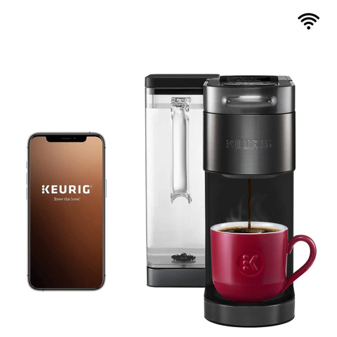 Smart No Fuss Coffee Maker With BrewID And MultiStream Technology for Custom K Cup Pod Brews next to smartphone.